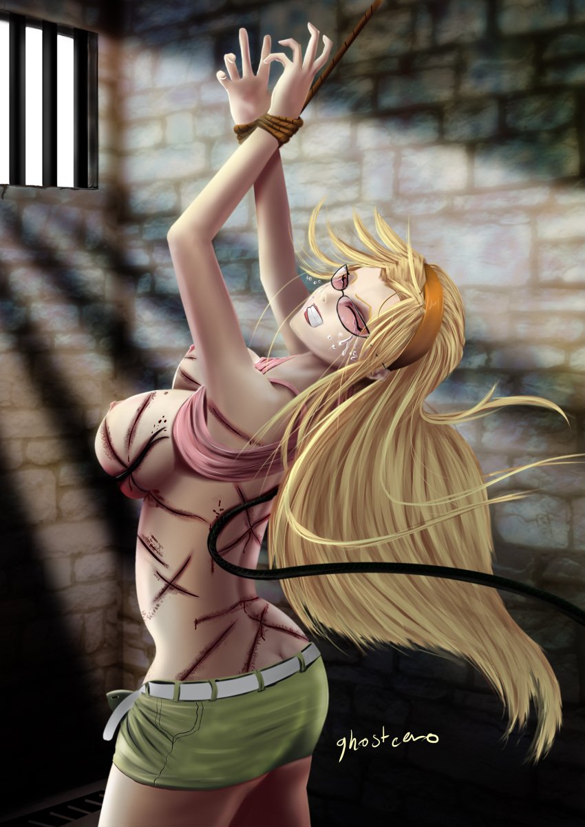 1girls arms_up ass bdsm black_lagoon blonde_hair blood bondage bound_arms bound_wrists breasts butt_crack closed_eyes eda female female_only ghostcero hairband large_breasts long_hair miniskirt nipples pain pink-tinted_eyewear skirt sunglasses tear tinted_eyewear top_lift whip whip_marks whipping wince