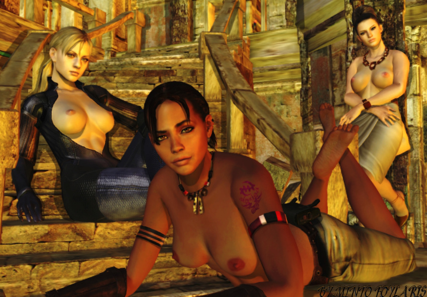 3d 3girls dark-skinned_female dark_skin excella_gionne female female_only human jill_valentine jill_valentine_(blonde) jill_valentine_(julia_voth) mintofoularis multiple_females resident_evil resident_evil_5 sheva_alomar