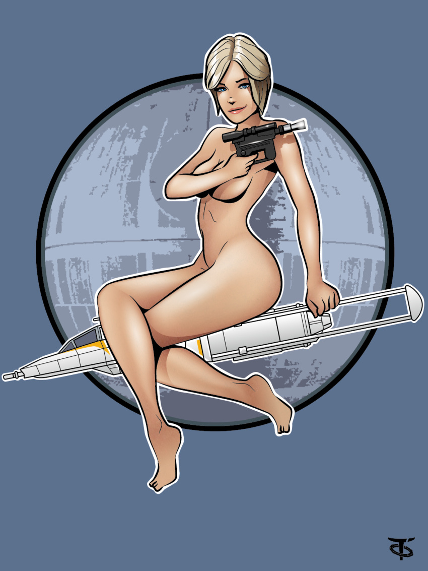 1girls 5_fingers barefoot blaster blonde blonde_hair blue_eyes breasts cleavage color colored completely_nude covered_nipples crossed_legs death_star feet female female_focus female_only hair hairless_pussy happy holding holding_object holding_weapon human human_only imperial_officer juno_eclipse legs_crossed light-skinned_female light_skin looking_at_viewer medium_breasts midriff naked nude nude_female offworldtrooper pistol shaved_pussy short_hair signature simple_background sitting smirk solo solo_female solo_focus star_wars tagme the_force_unleashed thin_waist uncensored y-wing yellow_hair