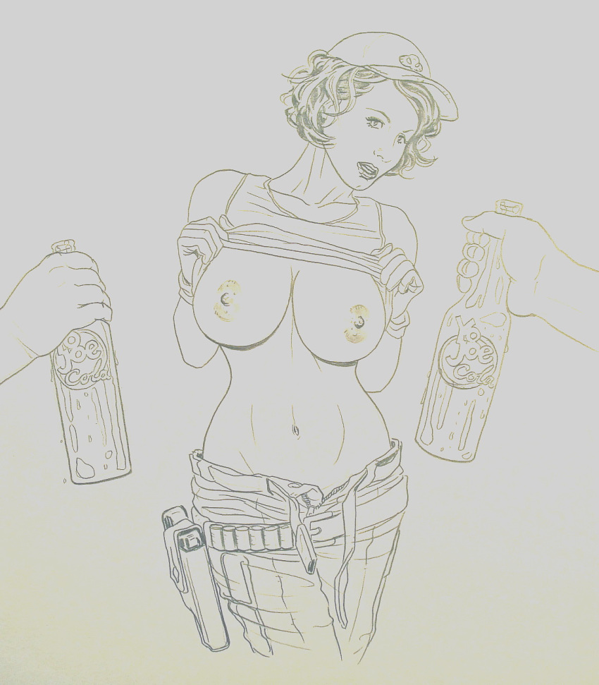 alison_r_hart_burnett big_breasts breasts g.i._joe gloves gun gun_holster hat lady_jaye shirt shirt_lift shirt_up soda_bottle