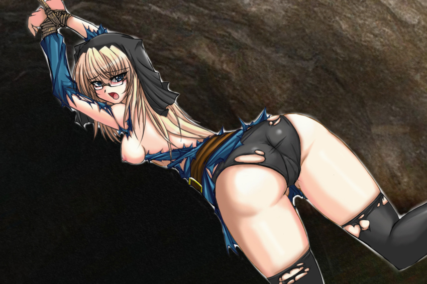 ass back_view beige_skin blonde_hair blush bound bound_wrists breasts clothes color eyewear female female_only glasses hair human indoors king_of_fighters kneeling leopold_goenitz long_hair looking_back open_mouth rule_63 solo torn_clothes