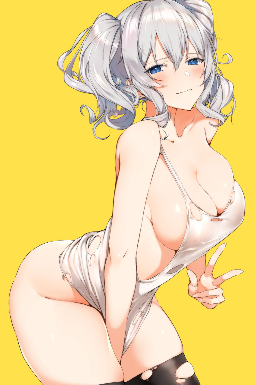 alternate_hairstyle areolae bare_arms bare_hips bare_shoulders black_legwear blue_eyes blush breasts collarbone covered_erect_nipples female from_side hechi_(hechi322) highres kantai_collection kashima_(kantai_collection) large_breasts leaning_forward looking_at_viewer low-cut_armhole no_panties see-through shirt shirt_tug sideboob sidelocks silver_hair solo standing tank_top thighhighs torn_clothes torn_legwear twintails v wavy_hair wavy_mouth white_shirt yellow_background