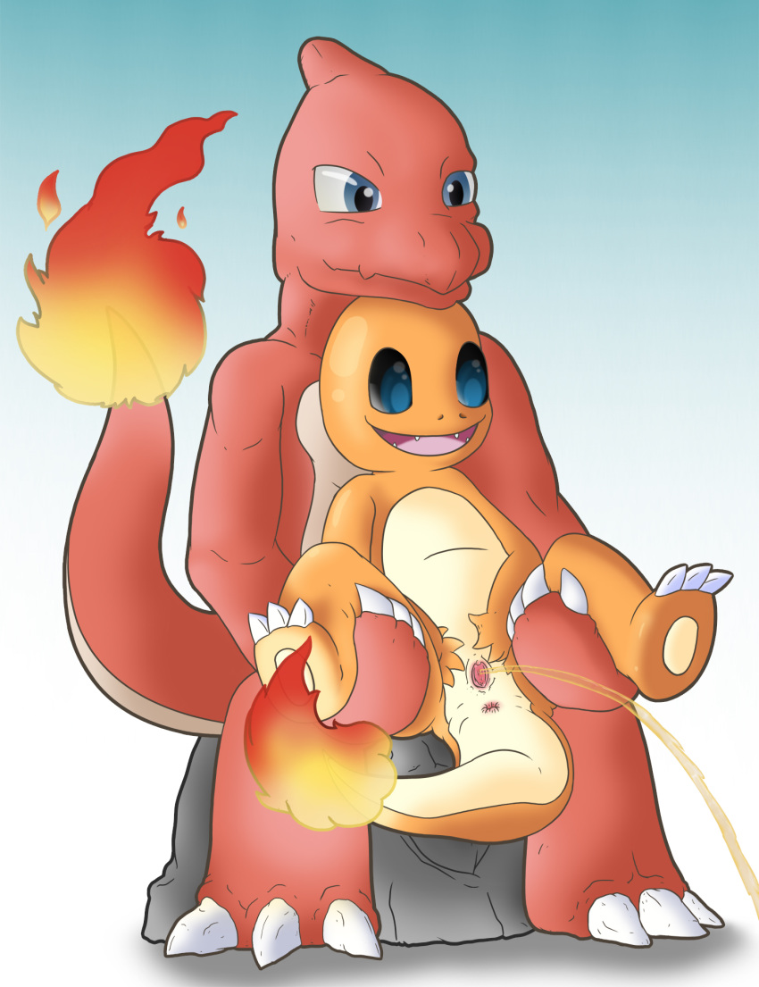 blue_eyes charmander charmeleon color eyes female fire interspecies nintendo nude open_eyes peeing pokémon_(species) pokemon pokemon_rgby tail tail_fire unknown_gender urinating urination urine urine_stream ziyen