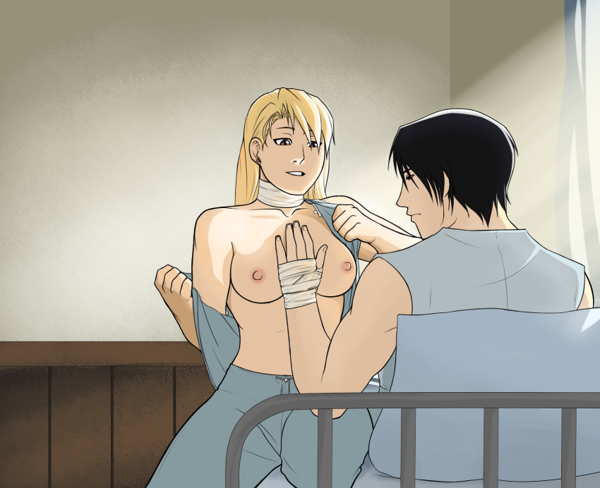 1boy 1girls black_hair blonde_hair breasts brown_eyes female fullmetal_alchemist human male medium_breasts nipples parcheesy riza_hawkeye roy_mustang straight tagme