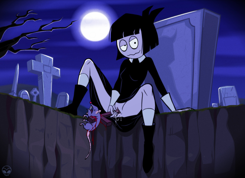 1girls background black_dress blood boots casual clothing creepy_susie cross female footwear gore goth graveyard human insertion long_socks looking_at_viewer moon night pale_skin pussy pussy_juice tagme the_oblongs thin_waist updress upskirt vaginal what zone