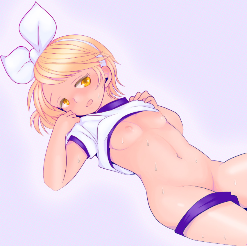 1girls blonde_eyes blonde_hair breasts female female_only kagamine_rin pants_down pussy shirt_lift small_breasts solo tagme vocaloid