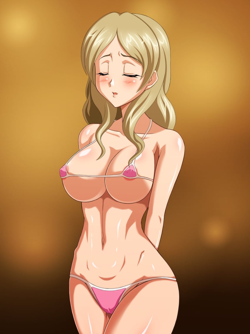 artist_request bikini blonde_hair blush breasts cameltoe closed_eyes female kazama_ushio large_breasts long_hair micro_bikini pink_bikini sasameki_koto solo tears