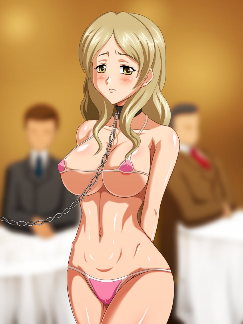 bikini blonde_hair blush bondage breasts brown_eyes cameltoe chains collar female hair kazama_ushio large_breasts leash nipples sasameki_koto slave tears