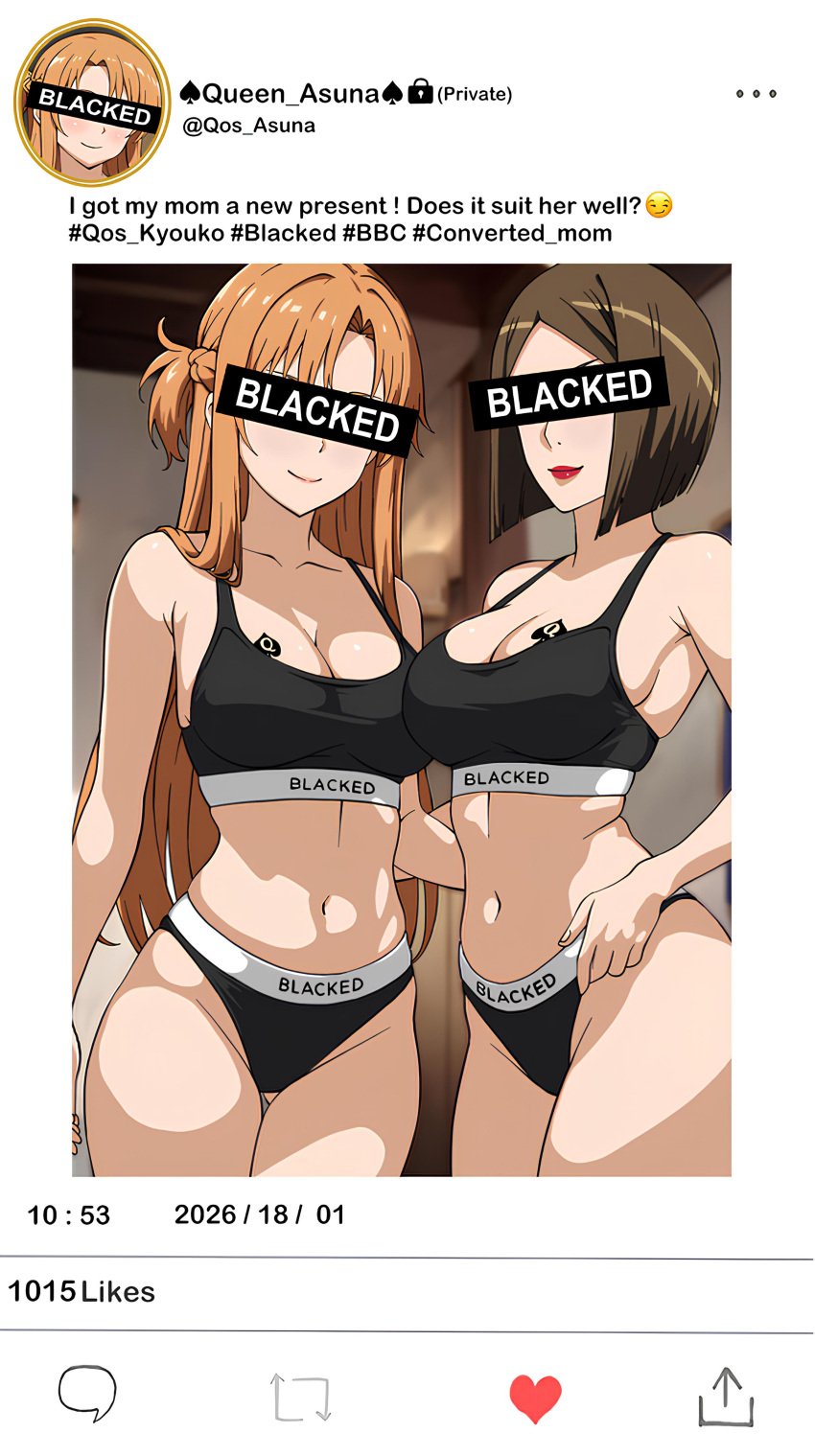 2girls ai_generated blacked blacked_clothing bob_cut brown_hair censored_eyes cheating cheating_girlfriend cheating_wife english_text long_hair milf mother_and_daughter orange_hair qos_asuna queen_of_spades short_hair social_media standing sword_art_online twitter yuuki_asuna yuuki_kyouko