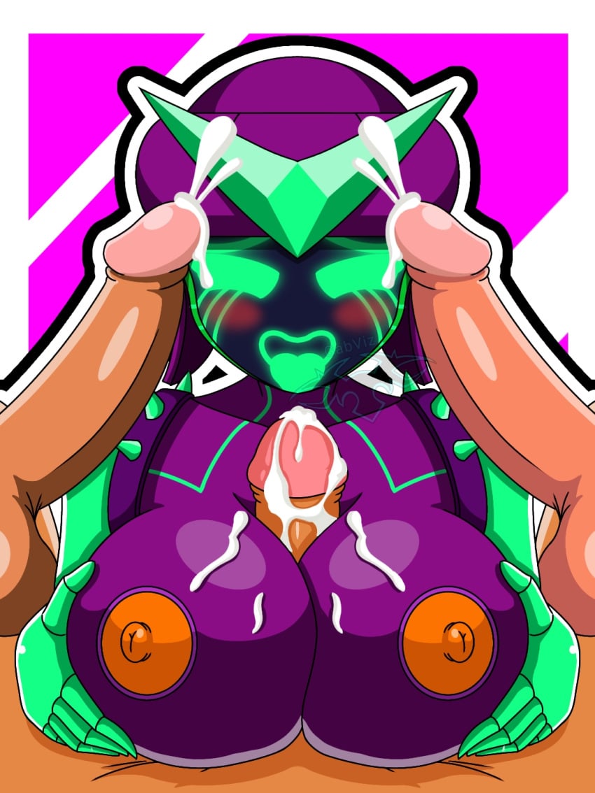 1girls 3boys 8bit_(brawl_stars) antivirus_8bit big_breasts big_penis brawl_stars breasts cum cum_on_breasts cum_on_face gabviz green_eyes nipples orange_nipples paizuri penis purple_body robot robot_girl rule_63 titfuck