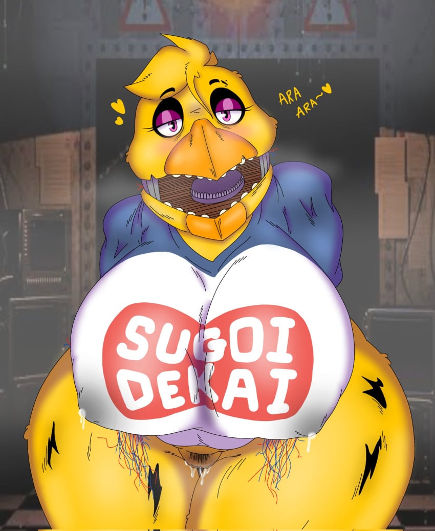 animatronic anthro avian beak big_breasts bird blue_clothing blue_topwear bodily_fluids bottomless breasts chicken clothed clothing dialogue exposed_endoskeleton eyelashes eyeshadow female five_nights_at_freddy's five_nights_at_freddy's_2 galliform gallus_(genus) genital_fluids genitals head_feathers head_tuft hi_res huge_breasts lactating lactating_through_clothing lactation looking_at_viewer machine makeup phasianid pubes purple_eyes purple_eyeshadow pussy pussy_juice raul_maduro robot scottgames solo sugoi_dekai text thick_thighs topwear tuft wet wet_clothing white_clothing white_topwear wide_hips wire withered_chica yellow_body