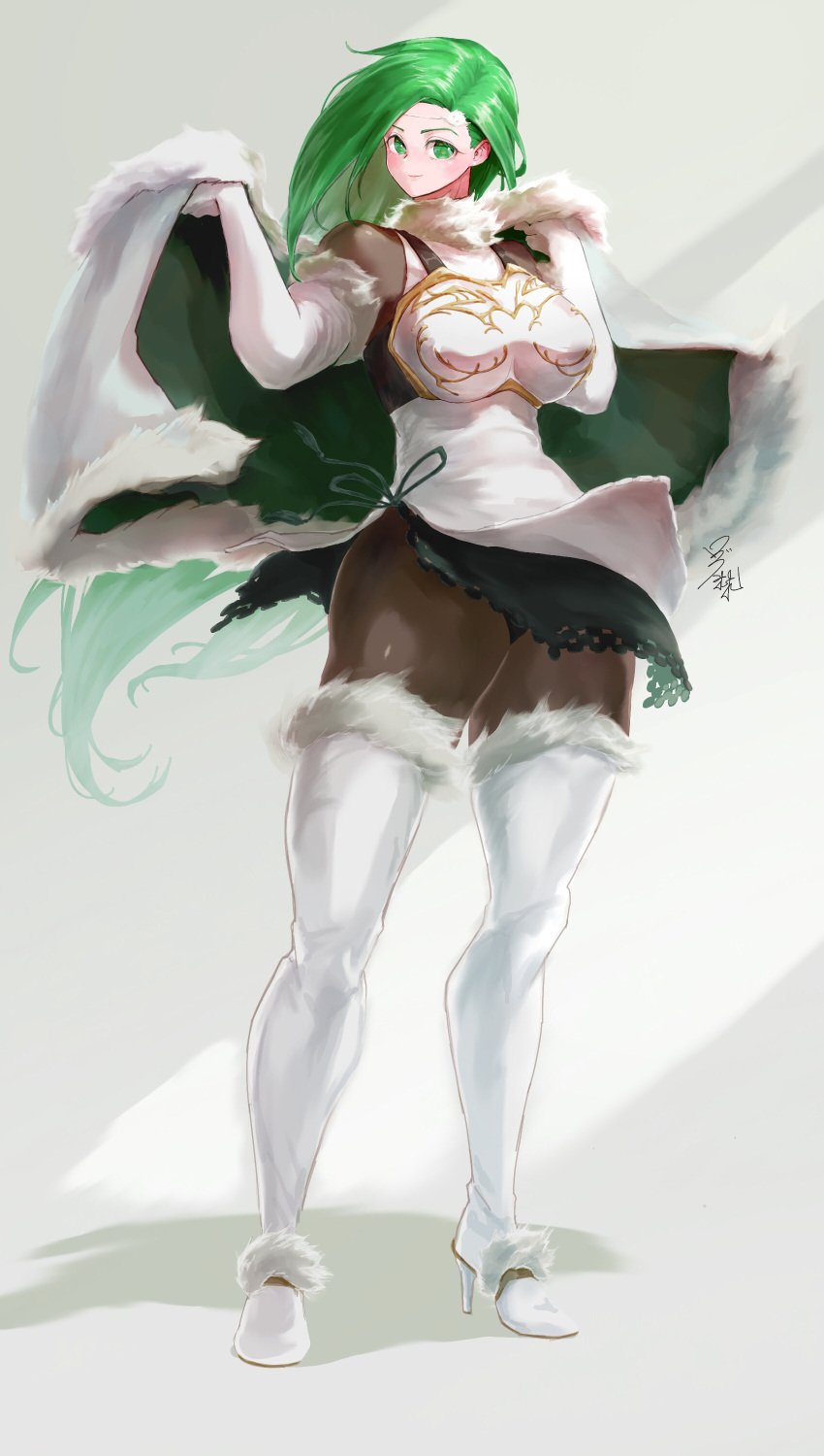 1girls alternate_costume annand_(fire_emblem) black_panties boots breasts cape female female_only fire_emblem fire_emblem:_genealogy_of_the_holy_war full_body green_eyes green_hair high_heels large_breasts long_hair looking_at_viewer nintendo panties pantyhose pantyshot pantyshot_(standing) smile solo ta_dasu_(tadasu_hayashi) thigh_boots upskirt very_long_hair