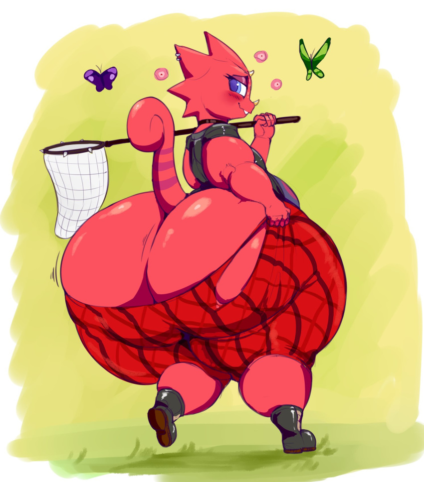 1boy animal_crossing anthro ass big_ass chameleon clothed clothing flick_(animal_crossing) huge_ass large_ass looking_back male male_only nintendo overweight overweight_male raised_tail rear_view red_body scalie sirmasterdufel smile solo wardrobe_malfunction