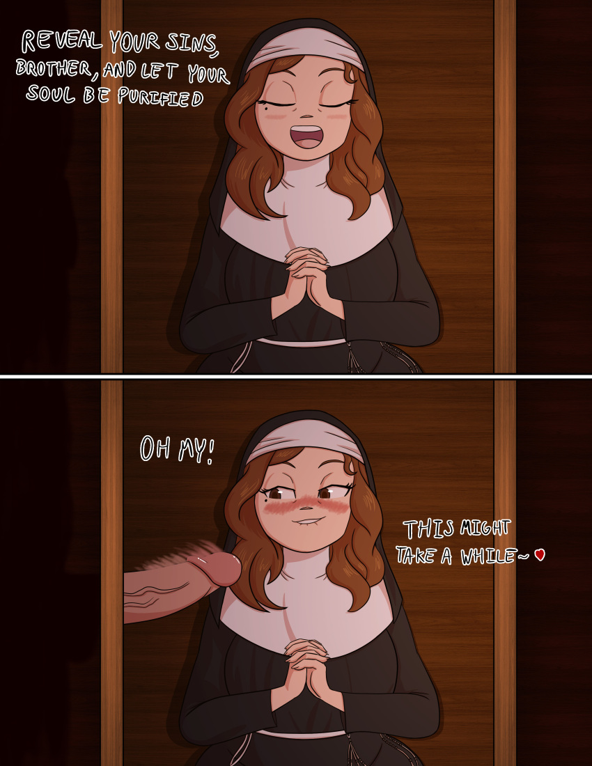 brown_hair confessional dialogue glory_hole mother_yvette noxshade nun original original_character penis penis_awe tagme text uncensored