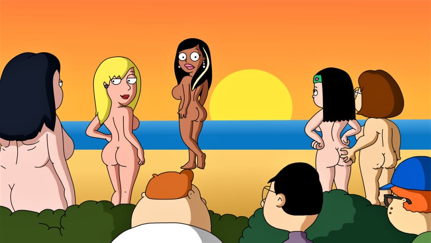 5girls american_dad ass ass_grab beach black_hair blonde_hair brown_hair bubble_butt connie_d'amico creek_12 dat_ass debbie_hyman family_guy grabbing_another's_ass grabbing_ass hayley_smith implied_yuri meg_griffin multiple_girls nice_ass nude nude_beach nude_female roberta_tubbs sunset the_cleveland_show