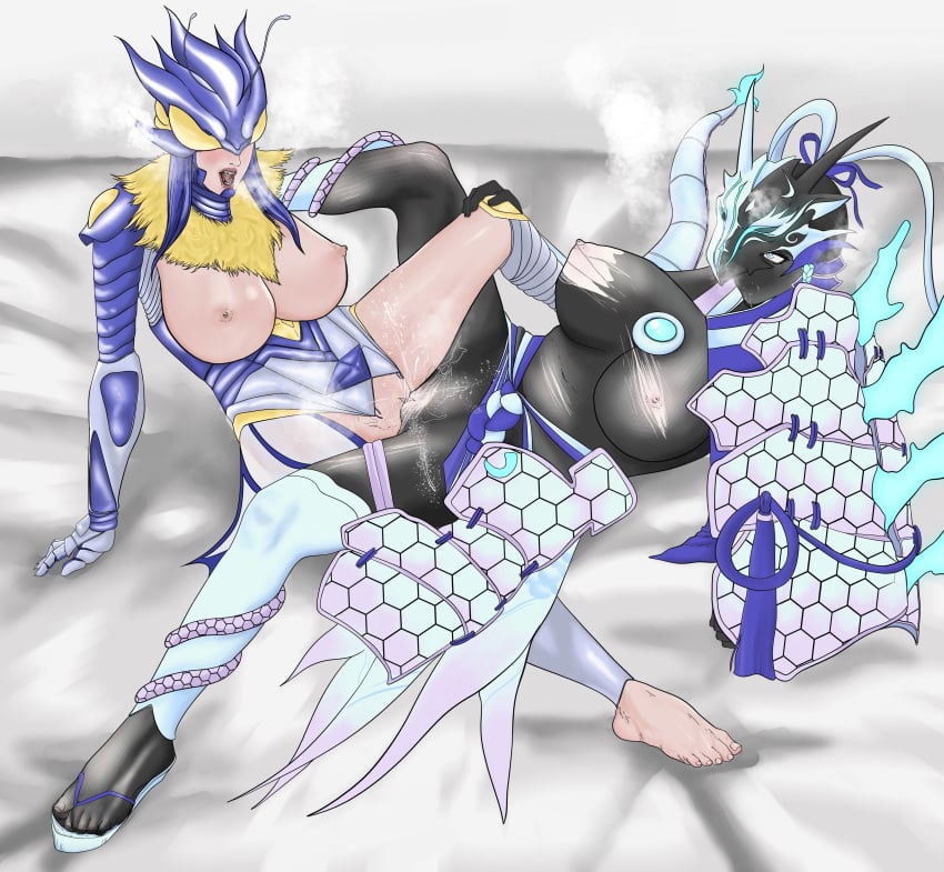 2girls armor blue_eyes blue_hair bodysuit breasts clothed_sex clothing crossover digimon digimon_(species) digimon_story:_cyber_sleuth digimon_story:_cyber_sleuth_hacker's_memory feet female female_focus female_only gosunpa heavy_breathing helmet helmet_covering_face helmet_over_eyes hudiemon large_breasts multiple_girls nipples open_mouth pussy_juice rubbing rubbing_pussy scissoring spread_legs squirt squirting steam steaming_body swordsoul_of_mo_ye thick_thighs thighhighs thighs yu-gi-oh! yu-gi-oh!_duel_monsters yuri