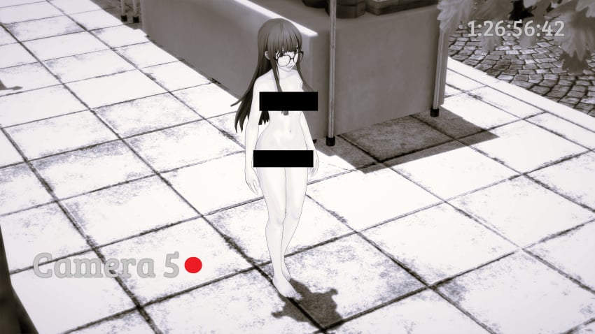 1girls 3d atlus barefoot black_bar_censoring breasts casual casual_nudity censored completely_naked completely_nude completely_nude_female confidently_naked exhibitionism exhibitionist eyewear female female_only human long_hair naked navel no_color nude nude_female pale_skin persona persona_5 public public_indecency public_nudity recording retropunch sakura_futaba security_camera solo streaking