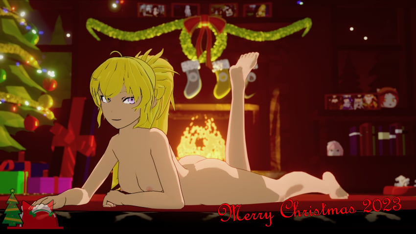 1girls 3d arm_support ass big_breasts blonde_female blonde_hair breasts busty christmas christmas_decorations christmas_lights christmas_ornaments christmas_present christmas_stocking christmas_tree come_hither feet large_breasts lying nipples nude nude_female nyahs_smut on_stomach on_the_floor ponytail posing purple_eyes rwby seductive_smile the_pose yang_xiao_long