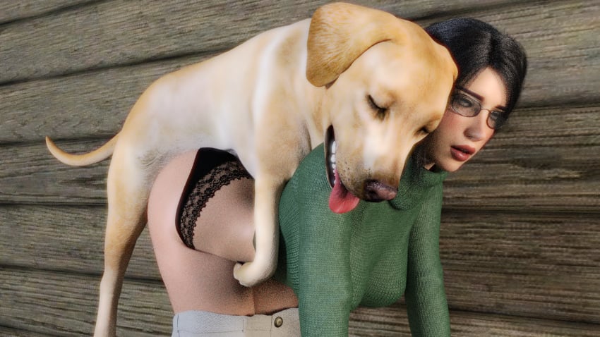 3d all_fours big_breasts black_hair black_panties breeding canine dog doggy_style domestic_dog eyes_rolling_back female_on_feral female_penetrated glasses green_sweater human_on_feral interspecies labrador_retriever large_breasts looking_pleasured panties pants pants_down sex turtleneck turtleneck_sweater vera wyllscarlett zoophilia