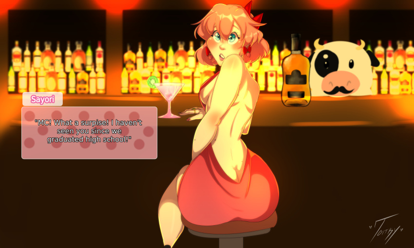 _theonidemon_ aged_up alcohol blue_eyes doki_doki_literature_club dress mr._cow_(doki_doki_literature_club) pink_hair sayori_(doki_doki_literature_club)