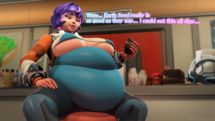 1girls 3d 3d_(artwork) ass belly bikini blizzard_entertainment breasts cake dessert diner double_belly english_text fat female female_focus female_only food hips juno_(overwatch) large_ass large_breasts overwatch overwatch_2 overweight overweight_female purple_hair sirsaltshaker spacesuit stomach text thick_thighs thighs wide_hips