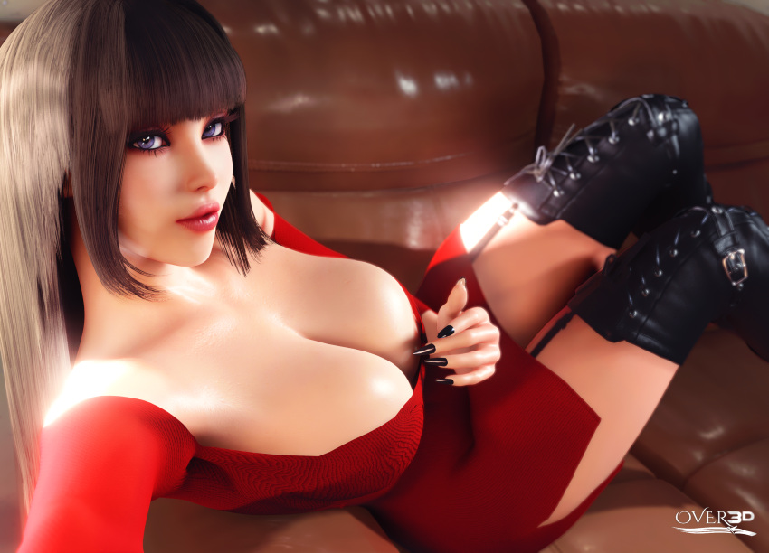 1girls 3d bangs black_hair black_nails busty cleavage couch cute dress_pull highres hime_cut large_breasts leather_boots light-skinned_female lipstick long_hair looking_at_viewer low_cut_dress lying_on_couch off_shoulder original_character over3d_(artist) over_(artist) purple_eyes red_dress selfie signature straps sunlight teasing thick_thighs viewed_from_above virtamate