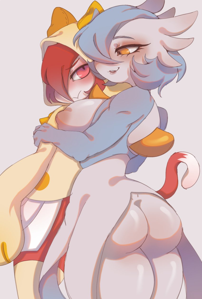 adopted_(lore) adopted_son_(lore) anthro ass blazblue blush bottomwear breasts chachan_(artist) clothed clothing dress duo embrace female gardevoir generation_3_pokemon gloves handwear hi_res hoodie hug hugging_from_behind kaka_clan kaka_kirlia kirlia legwear looking_at_another looking_at_viewer looking_embarrassed male male/female mother_(lore) nintendo nipples parent_(lore) paw_gloves pokemon pokemon_(species) pouty shiny_pokemon skirt stockings taokaka topwear white_tail_tip wide_sleeves