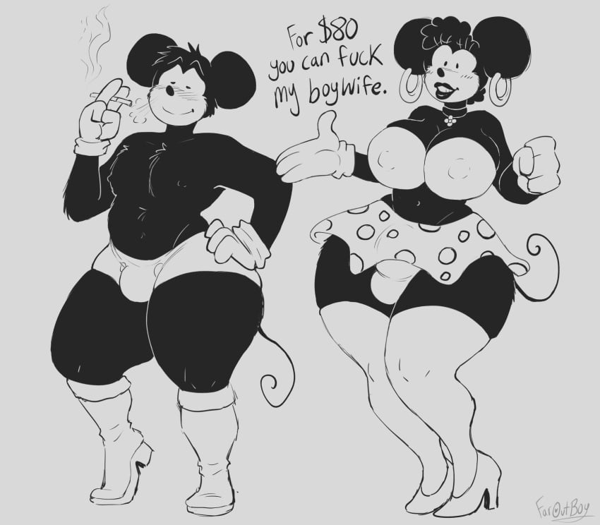 1futa anthro anthro_only balls bra bulge cigarette clothed clothing dialogue dickgirl disney duo earrings faroutboy femboy flaccid furry futa_focus futanari gloves high_heel_boots high_heels huge_hips large_breasts lipstick male mickey_mouse minnie_mouse mostly_nude penis prostitution public_domain shorts skirt smoking thick_thighs thighhighs wide_hips