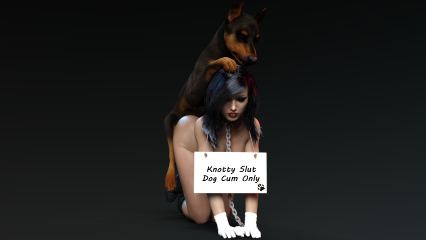 3d all_fours black_hair boots breeding canine chain dobermann dog doggy_style domestic_dog female_on_feral female_penetrated functionally_nude gloves human_on_feral humiliation interspecies looking_pleasured naked sex wyllscarlett zoophilia