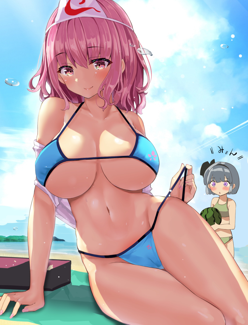 2d 2girls alternate_version_available background_character bare_shoulders beach belly belly_button big_breasts bikini blush breasts cameltoe female fujiko_(emnprmn) ghost ghost_girl grey_hair hair_ornament human humanoid lying lying_on_side nail_polish navel pink_eyes pink_hair purple_eyes short_hair smile source swimsuit touhou triangular_headpiece watermelon youmu_konpaku yuyuko_saigyouji