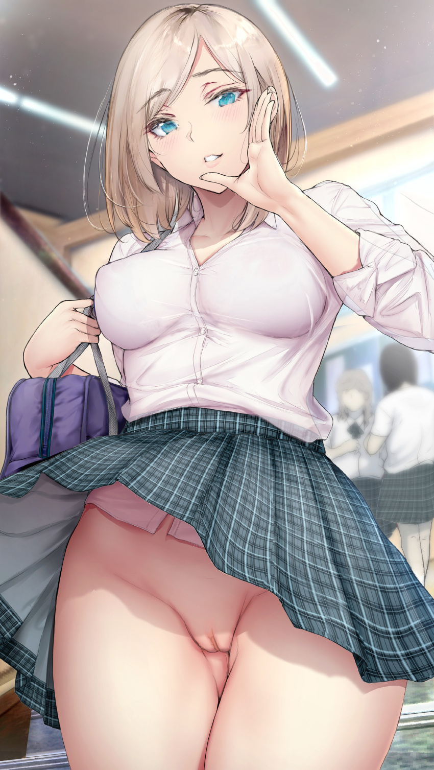 1girls blonde_hair blue_eyes bottomless bottomless_skirt breasts female gentsuki gyaru large_breasts looking_at_viewer miniskirt nipples_visible_through_clothing no_panties original pale_blonde_hair perky_breasts public public_exposure pussy school_uniform shirt skirt thick_thighs uncensored upskirt white_shirt