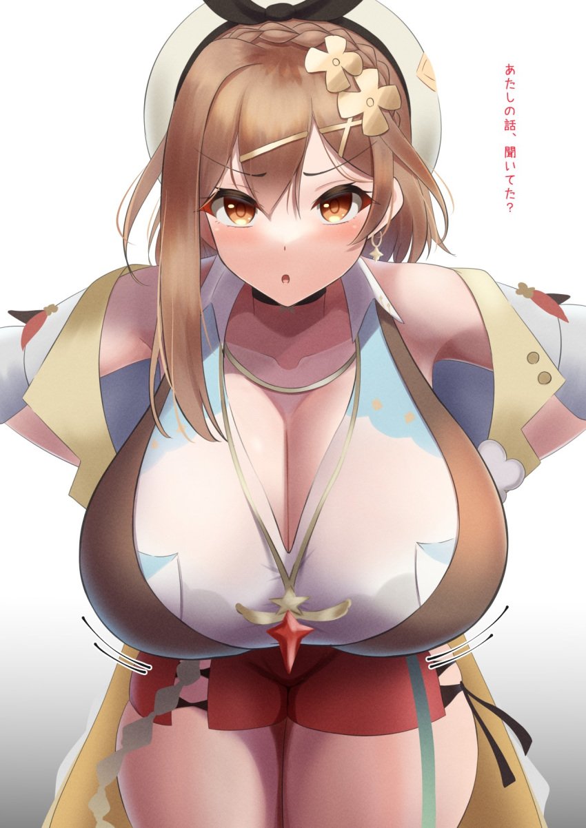 1girls atelier_(series) atelier_ryza bending_over big_thighs brown_eyes brown_hair busty_teen cleavage clothing emp_(denjipgre) exasperated facing_viewer female hat huge_breasts human japanese_text looking_at_viewer necklace reisalin_stout simple_background teenager text thick_thighs white_background