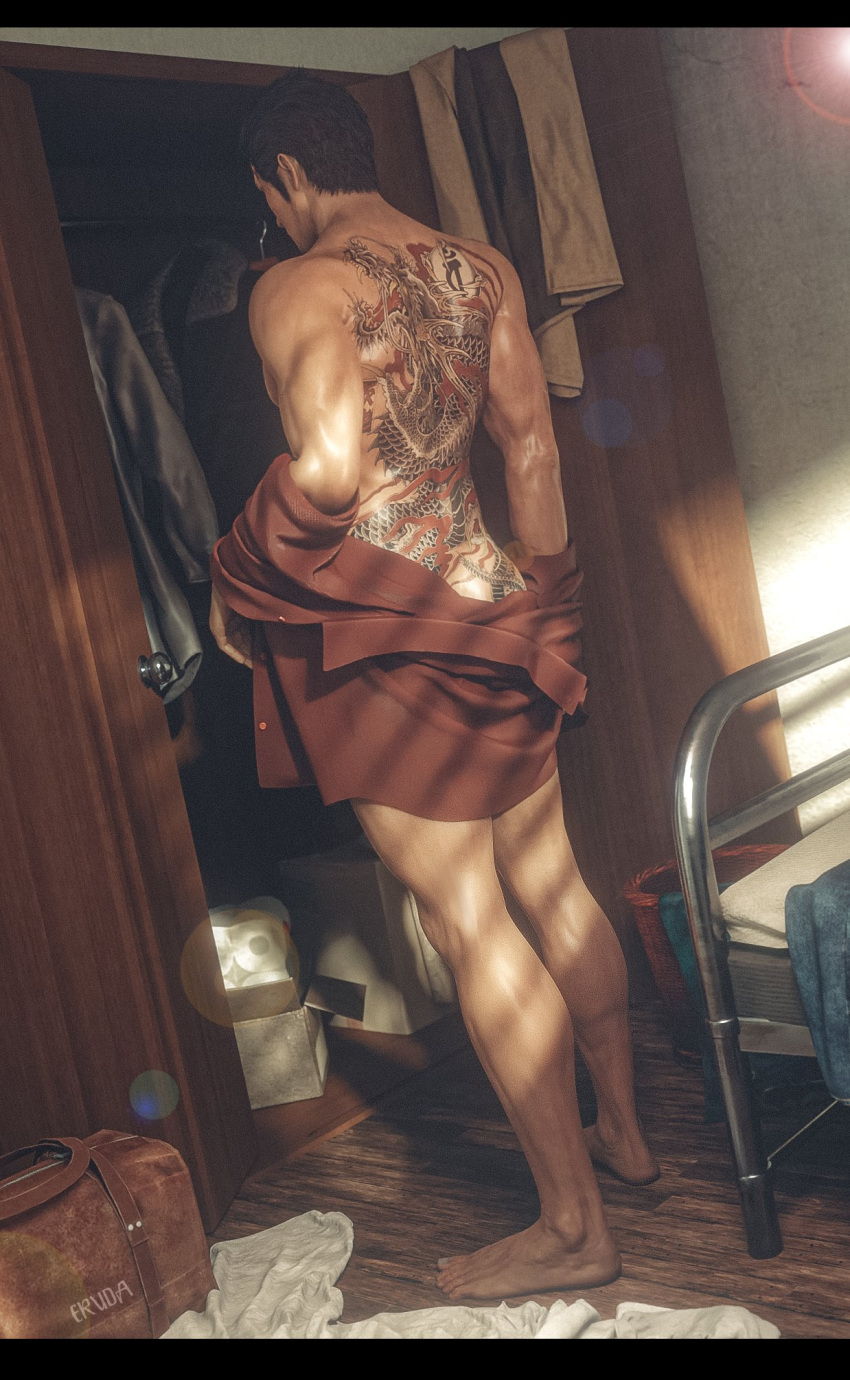 1boy 1human 1male apartment apartment_building covering_ass covering_butt eruda_rgg gay getting_dressed kiryu_kazuma male_only morning naked naked_male no_visible_genitalia nonsexual nude nude_male rgg_studio ryuu_ga_gotoku sega shirt_only solo solo_focus solo_male tattoo tattoo_on_back twitter viewed_from_behind yakuza_(series)