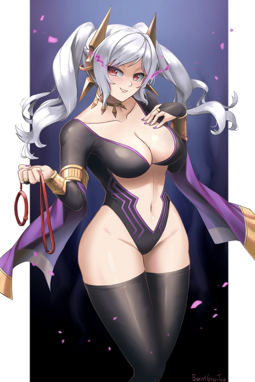 athletic_leotard blush bodysuit breasts bridal_gauntlets burnt_green_tea cameltoe cleavage collar dark_persona evil_smile female fire_emblem fire_emblem_awakening fire_emblem_heroes grima_(fire_emblem) hand_on_own_chest highres holding holding_leash large_breasts leash leotard lips long_hair long_sleeves looking_at_viewer magic nintendo official_alternate_costume open_mouth purple_nails red_eyes robin_(female)_(fell_tactician)_(fire_emblem) robin_(fire_emblem) robin_(fire_emblem)_(female) simple_background skin_tight smile solo spiked_collar spikes thighhighs thighs twintails white_hair