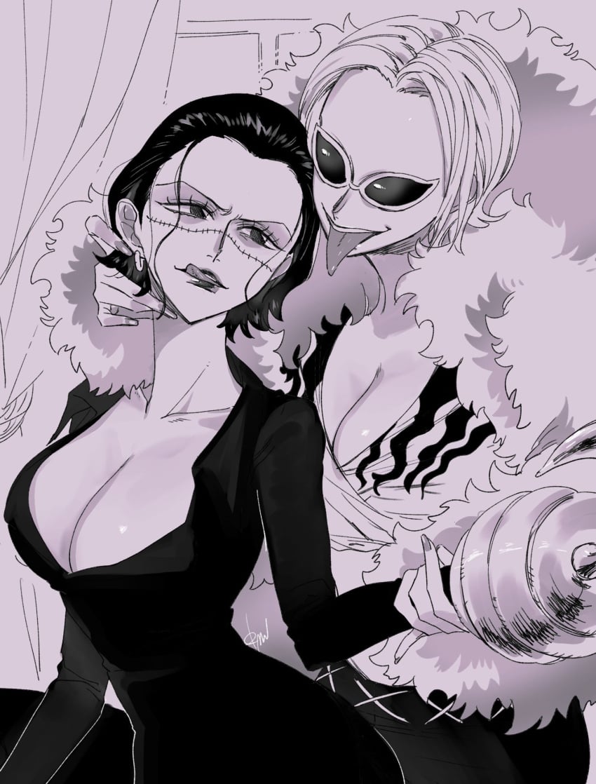 2girls big_breasts big_forehead canon_genderswap cleavage donquixote_doflamingo facial_scar feather-trimmed_jacket female female_only fully_clothed genderswap_(mtf) hair_slicked_back hook_hand kaisenmilktea licking_lips lipstick monochrome one_piece rule_63 scar short_hair sir_crocodile sunglasses tinted_eyewear tongue_out yuri