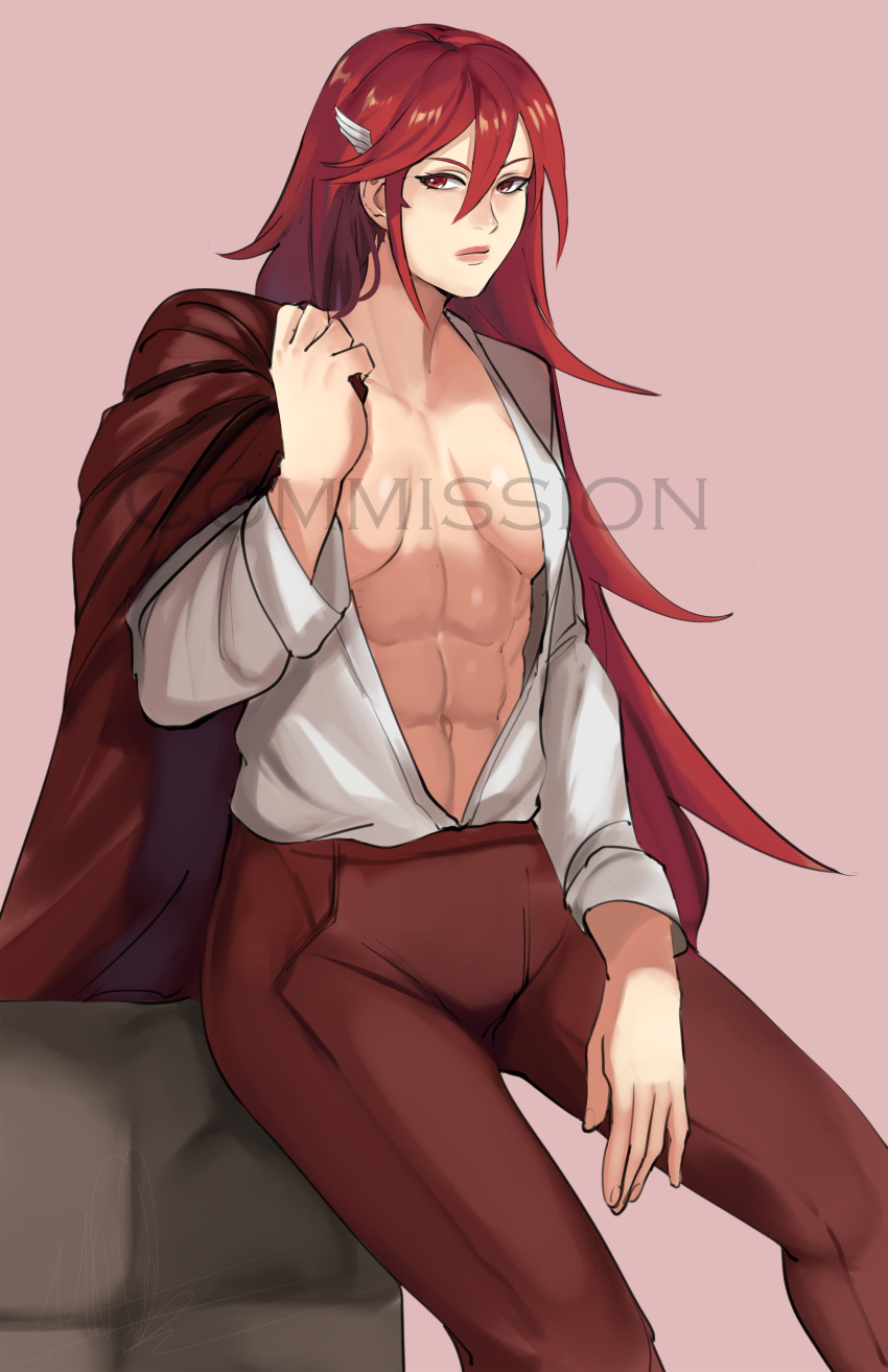 1girls abs braless commission cordelia_(fire_emblem) female female_only fire_emblem fire_emblem_awakening hair_ornament long_hair muscular muscular_female open_clothes open_shirt puzzled_artist red_eyes red_hair solo solo_female watermark