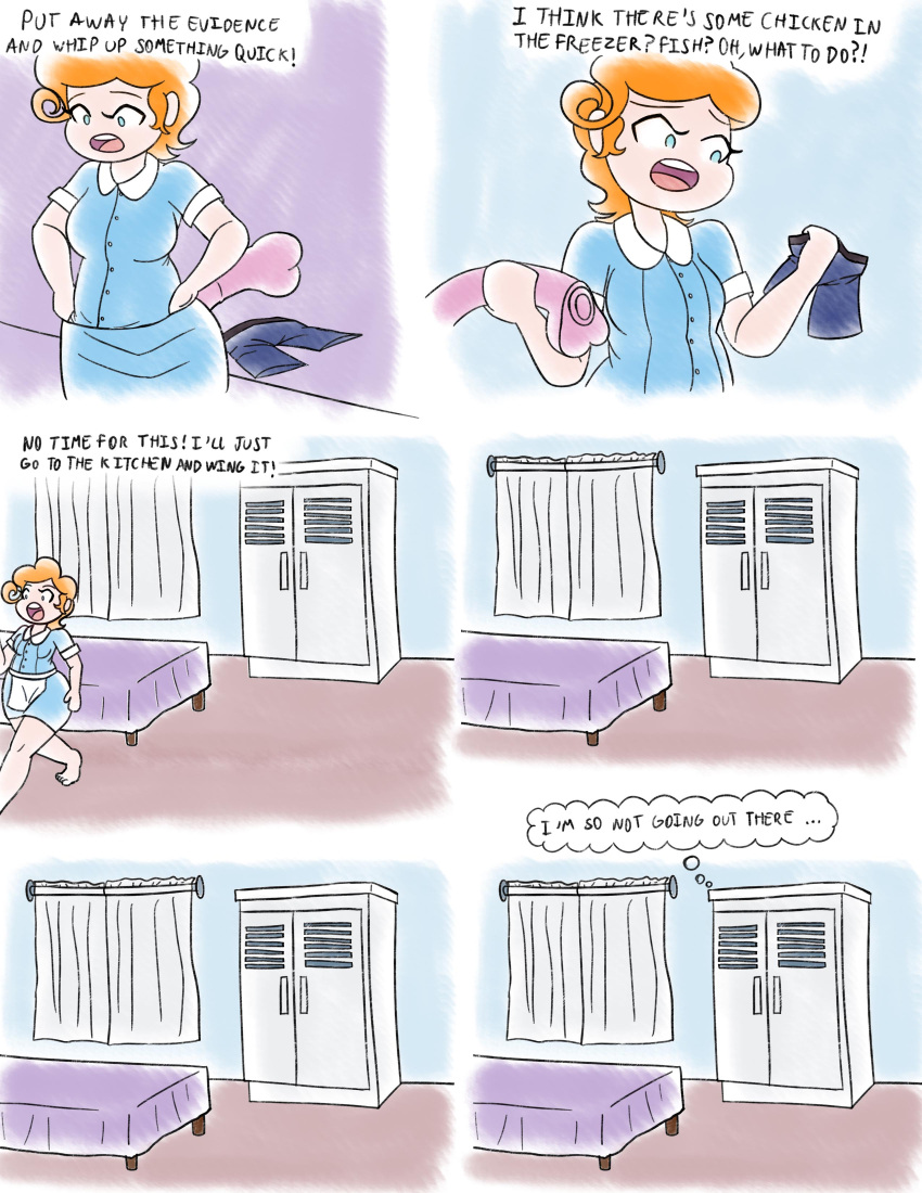 borderless_layout borderless_panel boxer_briefs boxers_(clothing) closet dialogue getting_dressed horsecock_dildo mom_(noxshade) noxshade orange_hair original_character son_(noxshade) tagme text thought_bubble