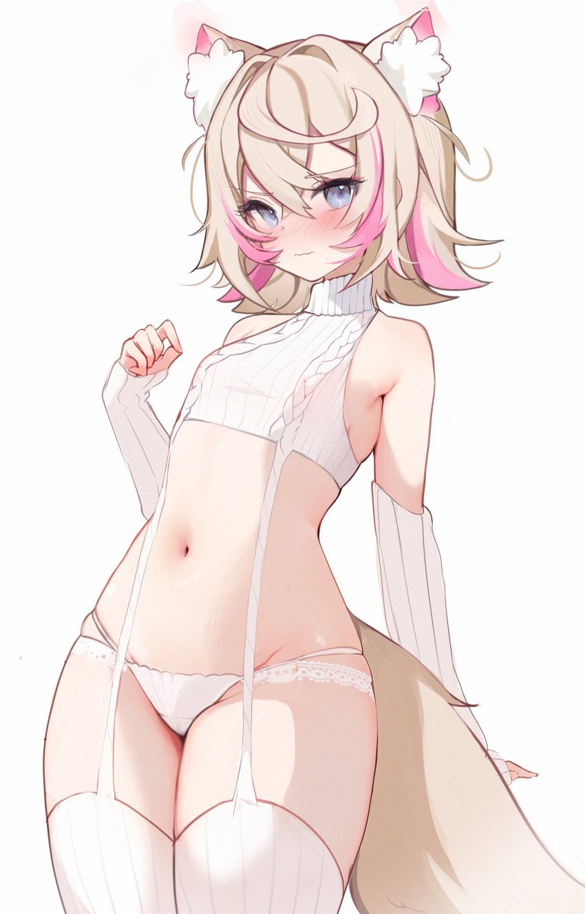 1girls animal_ear_fluff bare_shoulders blonde_hair blue_eyes blush breasts colored_inner_hair dog_ears dog_girl dog_tail female garter_straps hololive hololive_english hololive_english_-advent- koahri looking_at_viewer mococo_abyssgard multicolored_hair navel panties pear-shaped_figure pear_shaped pink_hair ribbed_sleeves ribbed_sweater ribbed_thighhighs short_hair small_breasts solo thighhighs turtleneck turtleneck_sweater virgin_destroyer_sweater virtual_youtuber white_background white_panties white_sleeves white_sweater white_thighhighs