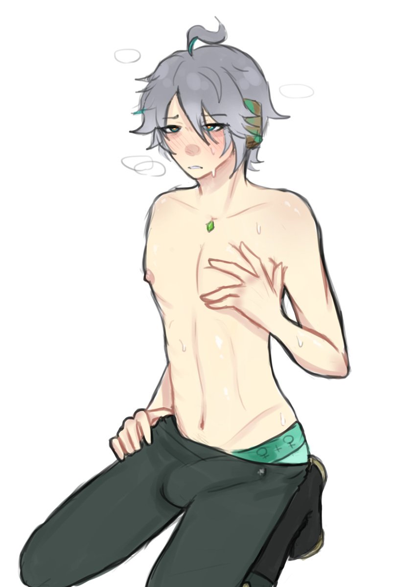 1boy alhaitham_(genshin_impact) almost_naked almost_nude blush blush embarrassed erection erection_under_clothes gay genshin_impact grey_hair holding_breast male_only no_sex ottizbuc pants sweat sweatdrop sweating turquoise_eyes underwear