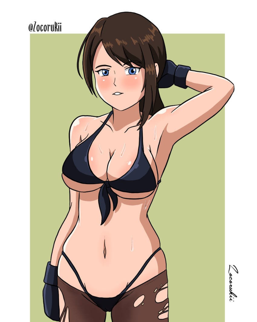 1girls bikini blue_eyes breasts brown_hair cosplay female female_only front-tie_bikini_top front-tie_top fully_clothed gloves gun highres holster large_breasts metal_gear_(series) metal_gear_solid metal_gear_solid_v:_the_phantom_pain navel non-web_source panties pointy_chin ponytail quiet_(metal_gear) revealing_clothes rifle skimpy_clothes sniper_rifle solo swimsuit thigh_holster torn_clothes weapon zocorukii