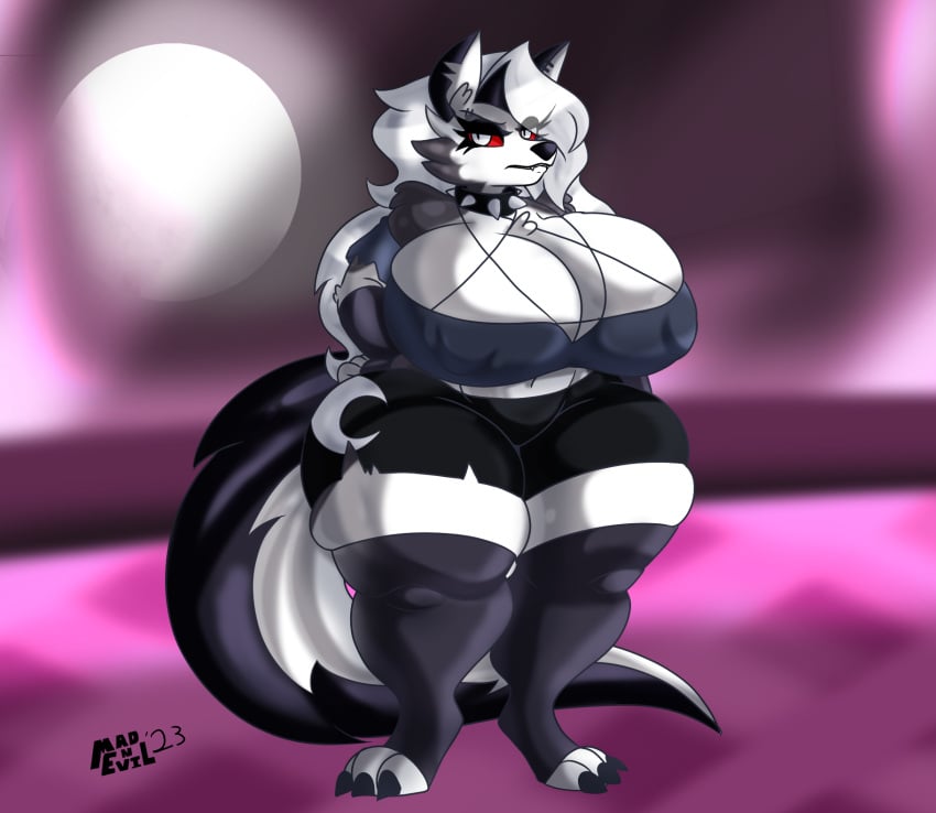 anthro big_breasts breasts canid canid_demon canine claws cleavage demon ear_piercing eyebrow_piercing facial_piercing female goth grey_body grey_fur grey_hair hellhound helluva_boss loona_(helluva_boss) madnevil mammal multicolored_body multicolored_fur piercing red_sclera thick_thighs white_body white_eyes white_fur wide_hips