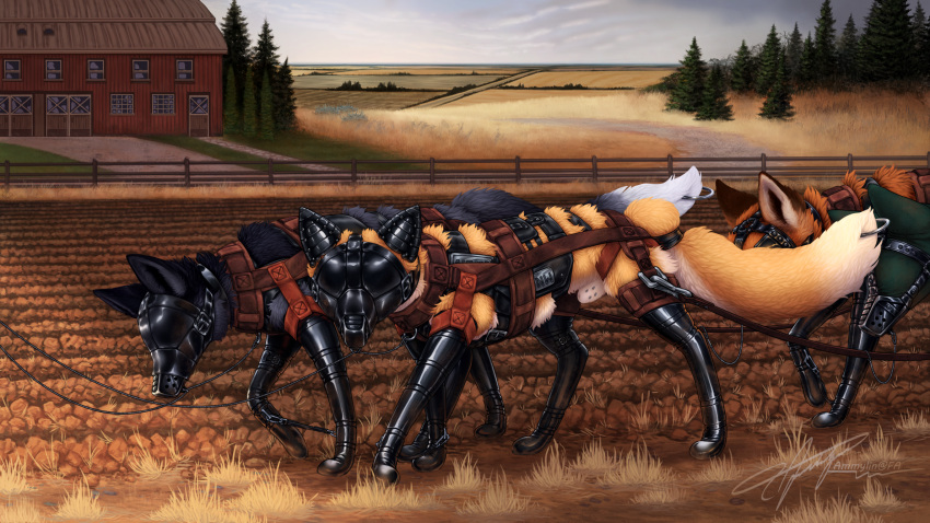 bondage bondage bound canid canine farming fox harness hi_res latex leather mammal ploughing tack working