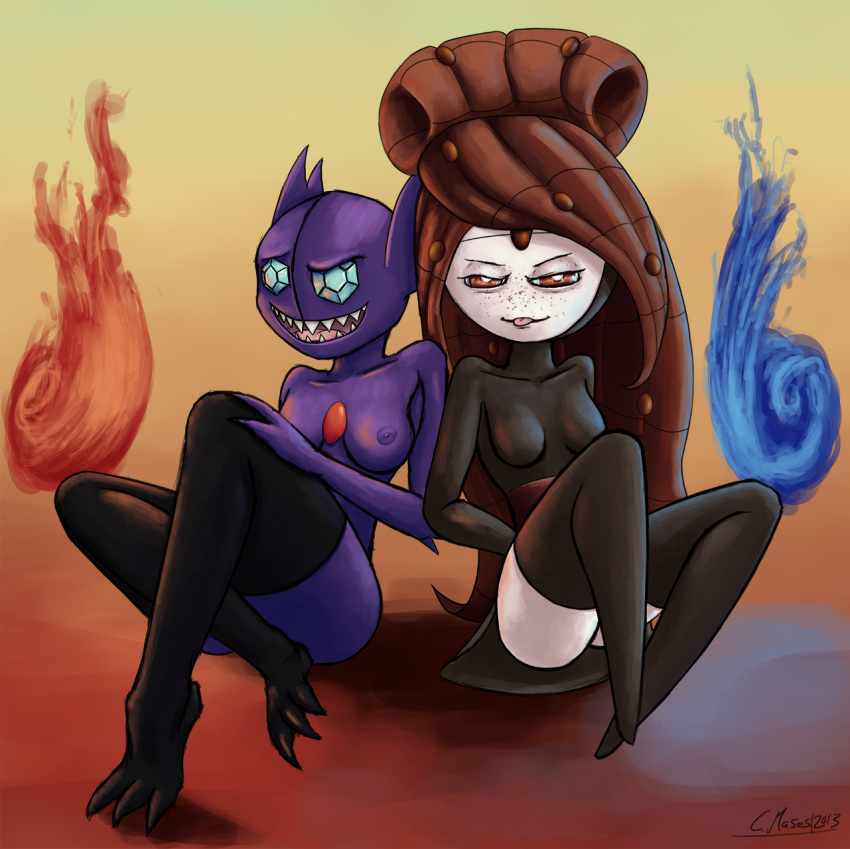 anthro breasts brown_hair color exposed_breasts female female_only front_view hair interspecies long_hair meloetta multiple_females multiple_girls pirouette_form pokemon sableye sitting yuri