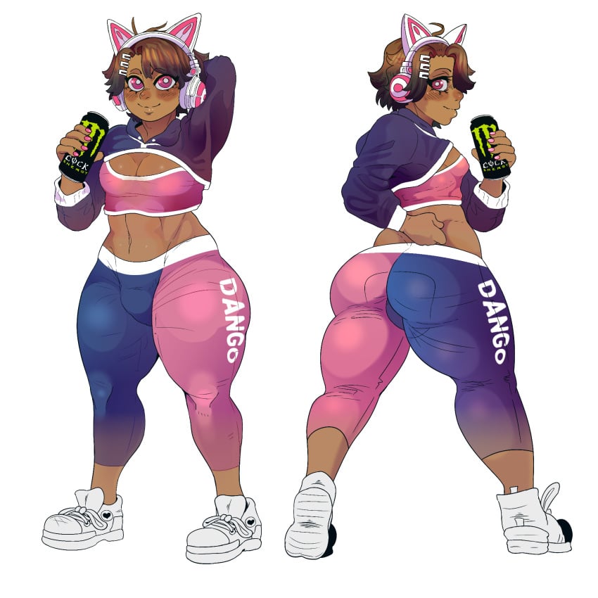 bulge dark-skinned_femboy dark-skinned_male dark_skin femboy headgear headphones looking_at_viewer looking_back magenta_eyes monster_energy nelja_(refractantshell) painted_nails skullminiac sneakers thick_thighs thighs