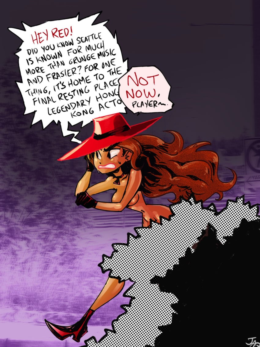 breasts brown_hair carmen_sandiego dark_skin embarrassed embarrassed_nude_female enf exposed_torso female footwear handwear hat headwear human jaqqqln nude public public_nudity running tagme where_in_the_world_is_carmen_sandiego