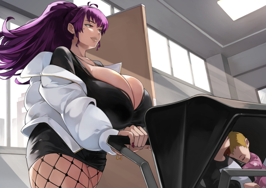 1girls 2boys agu baby breasts_bigger_than_head business_suit business_woman cleavage coat coat_on_shoulders fishnet_legwear fishnet_stockings gekijou_no_libido huge_breasts large_breasts lips lipstick milf mole mole_under_eye mother motoko_maya ponytail purple_hair