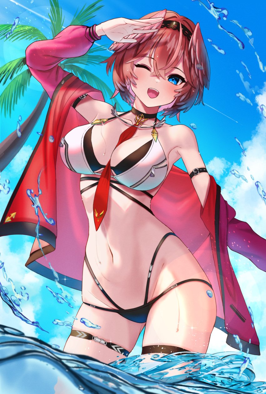 1girls 2022 ;d adapted_costume arm_strap arm_up armpits bare_shoulders between_breasts bikini black_bikini black_choker black_hairband blue_eyes blush breasts choker cowboy_shot crossed_bangs female gloves hair_between_eyes hair_wings hairband highres hololive hololive_japan holox inari_(ambercrown) jacket large_breasts long_sleeves looking_at_viewer midriff multicolored_hair navel necktie necktie_between_breasts one_eye_closed open_clothes open_jacket open_mouth outdoors palm_tree pink_hair red_jacket red_necktie short_hair smile solo standing streaked_hair swimsuit takane_lui takane_lui_(1st_costume) tree virtual_youtuber wading water wet white_bikini wings