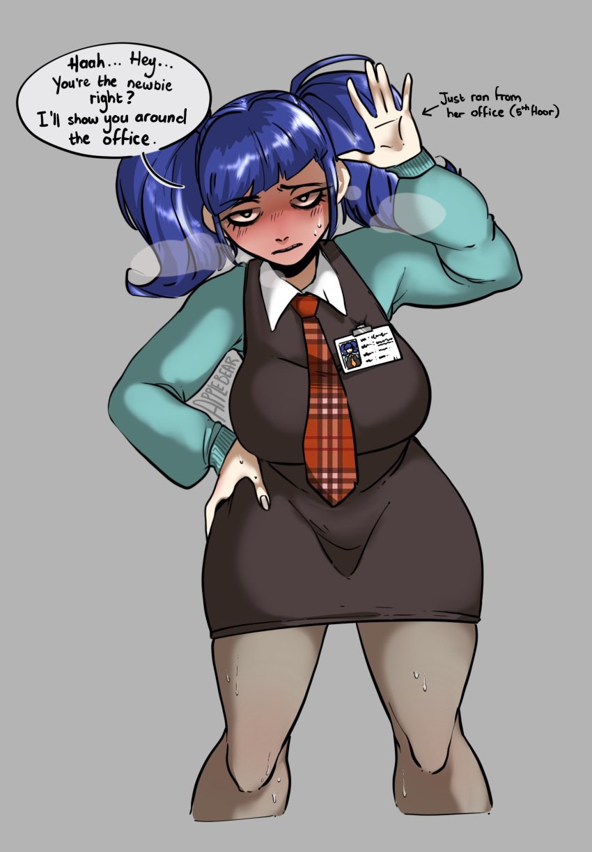 bisexual blue_hair blush clothed clothing depressed dsens0r female female_only huff jersey job office office_lady ponytails tie tired twintails