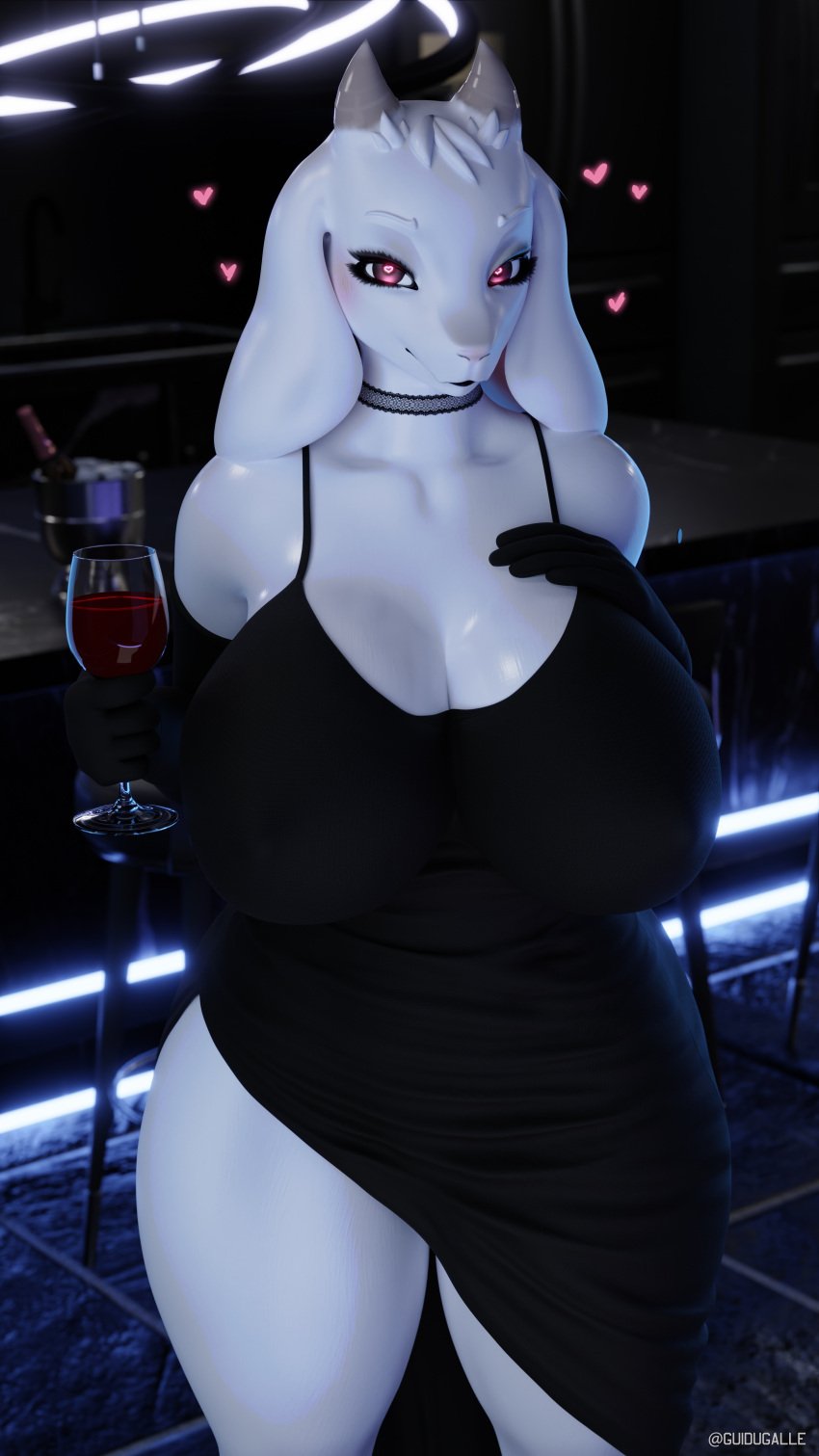 1girls 3d anthro blender cocktail_dress dress elegant_dress female_only furry goat guidugalle guimontag heart-shaped_pupils solo toriel toriel_(dogzeela) undertale undertale_(series) white_fur