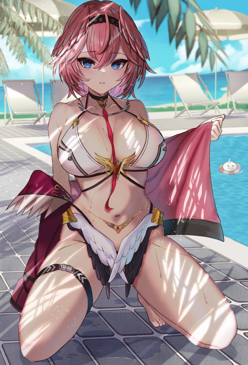 1girls 2022 adapted_costume bare_legs bare_shoulders barefoot between_breasts bikini black_choker black_hairband blue_eyes blush breast_zipper breasts choker day female full_body hair_between_eyes hair_wings hairband highres hololive hololive_japan holox inari_(ambercrown) jacket large_breasts looking_at_viewer navel off_shoulder open_clothes open_jacket outdoors palm_leaf parted_lips pink_hair pool red_jacket short_hair solo strap_between_breasts swimsuit takane_lui takane_lui_(1st_costume) thigh_strap virtual_youtuber water wet white_bikini wings